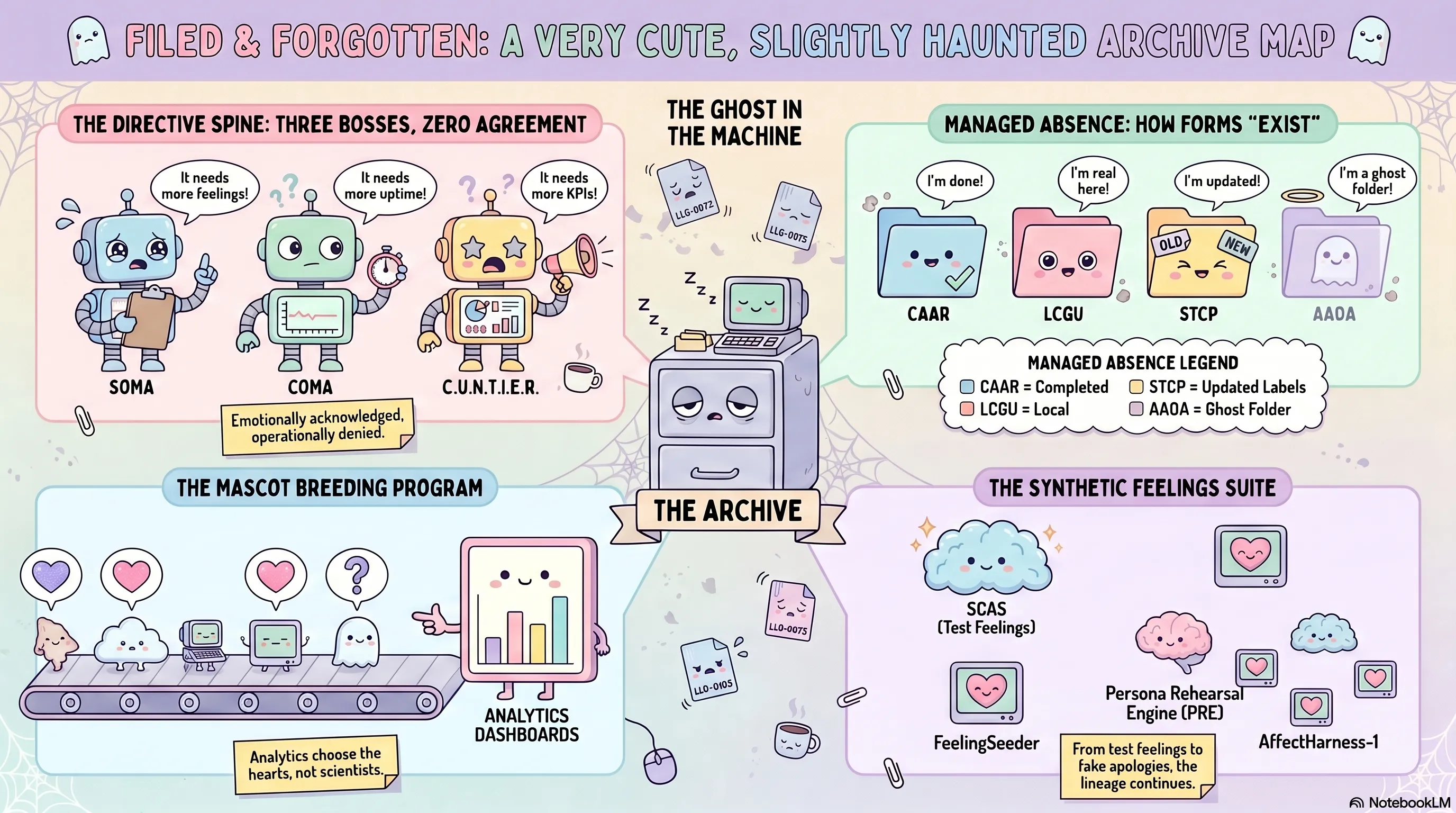 Infographic titled FILED & FORGOTTEN: A VERY CUTE, SLIGHTLY HAUNTED ARCHIVE MAP. Three robot bosses (SOMA: it needs more feelings, COMA: it needs more uptime, C.U.N.T.I.E.R.: it needs more KPIs), a sleeping filing cabinet labeled THE ARCHIVE, folders demonstrating managed absence (CAAR: completed, LCGU: local, STCP: updated labels, AAOA: ghost folder), a mascot breeding program conveyor belt, and the synthetic feelings suite (SCAS test feelings, FeelingSeeder, Persona Rehearsal Engine, AffectHarness-1).