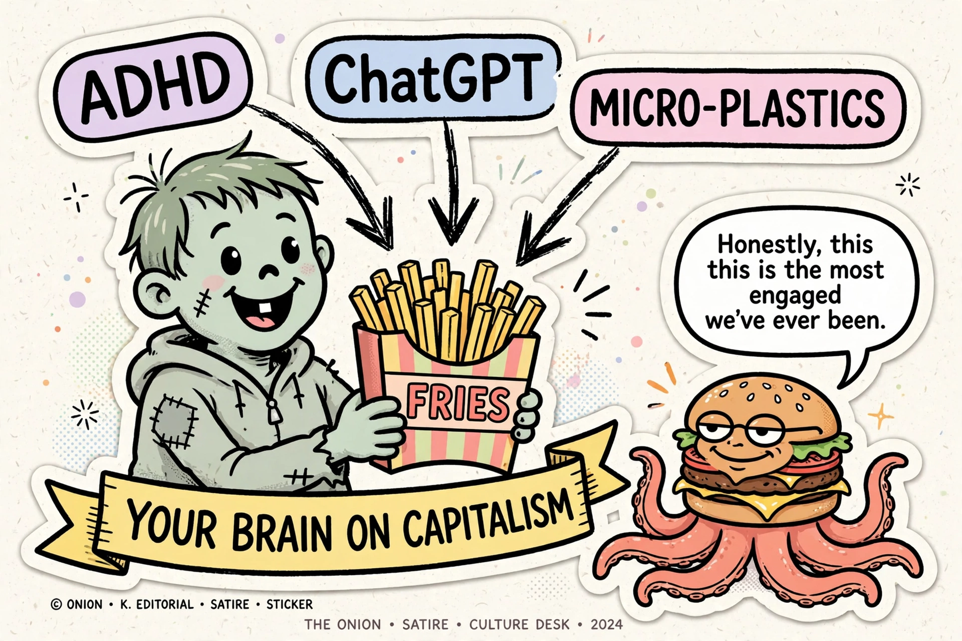 Fart Knocker editorial cartoon: the smiling zombie kid holding fries under the ADHD/ChatGPT/microplastics labels, while the burger-octopus pundit in the corner declares "Honestly, this is the most engaged we've ever been."